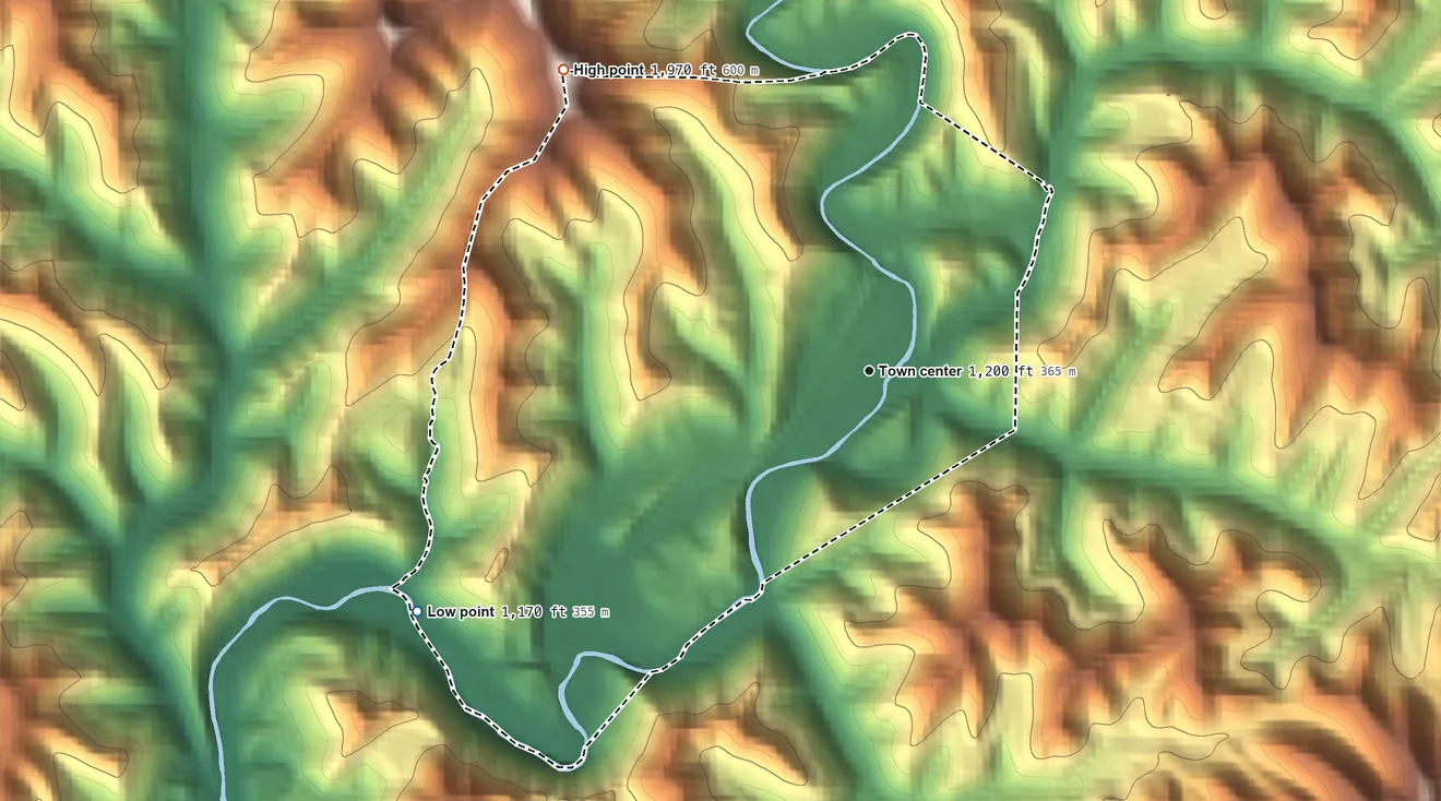 Topographic elevation map of Mayking, Kentucky, shaded from 1,170 ft on the southwest side to 1,970 ft on the northwest side