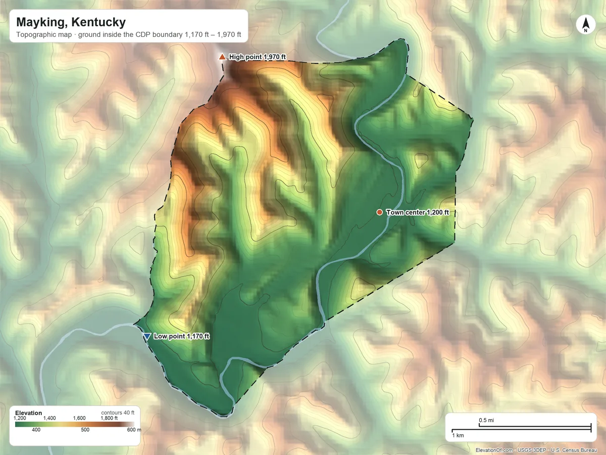 Topographic elevation map of Mayking, Kentucky, shaded from 1,170 ft on the southwest side to 1,970 ft on the northwest side