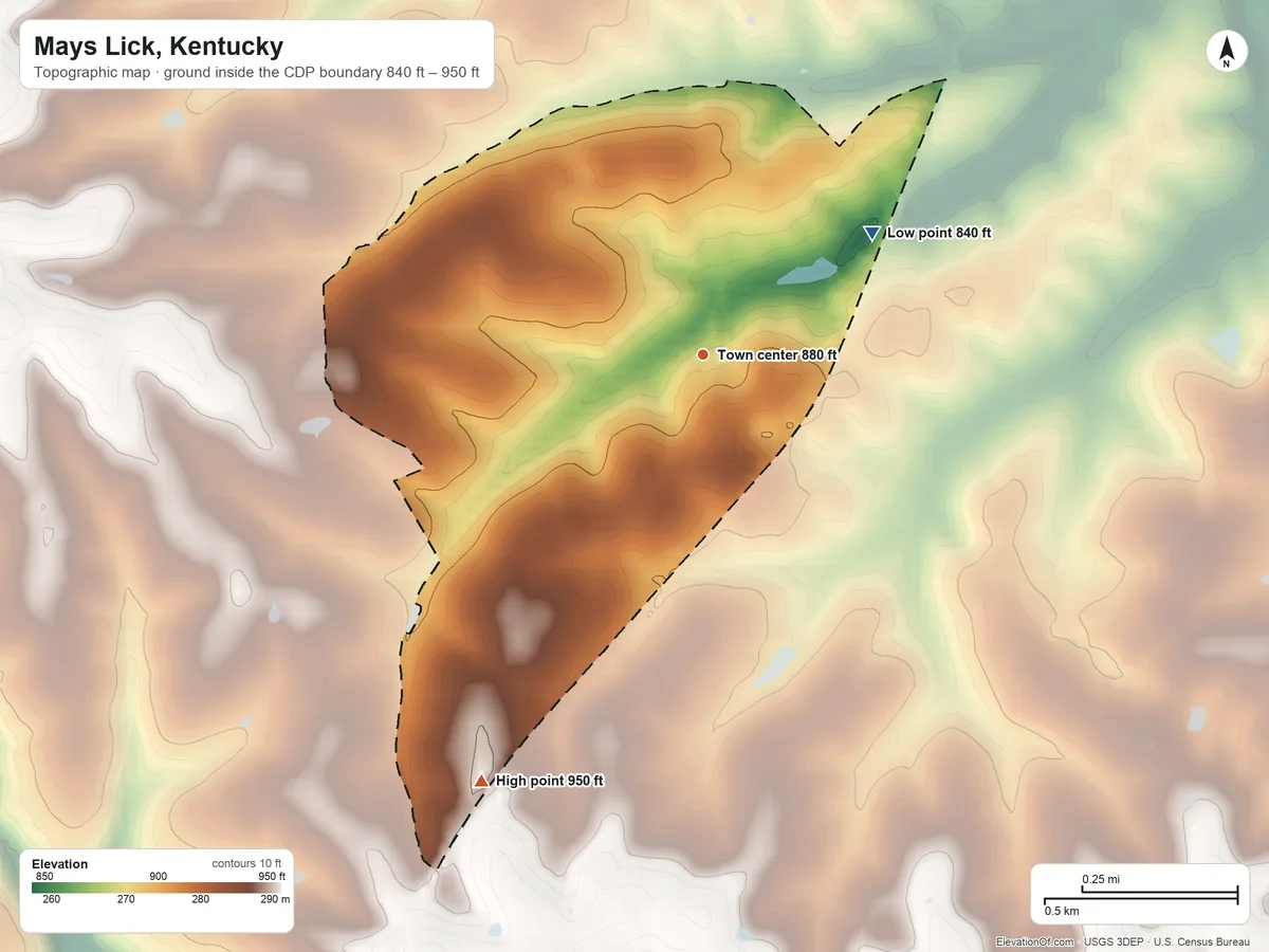 Topographic elevation map of Mays Lick, Kentucky, shaded from 840 ft on the northeast side to 950 ft on the southwest side