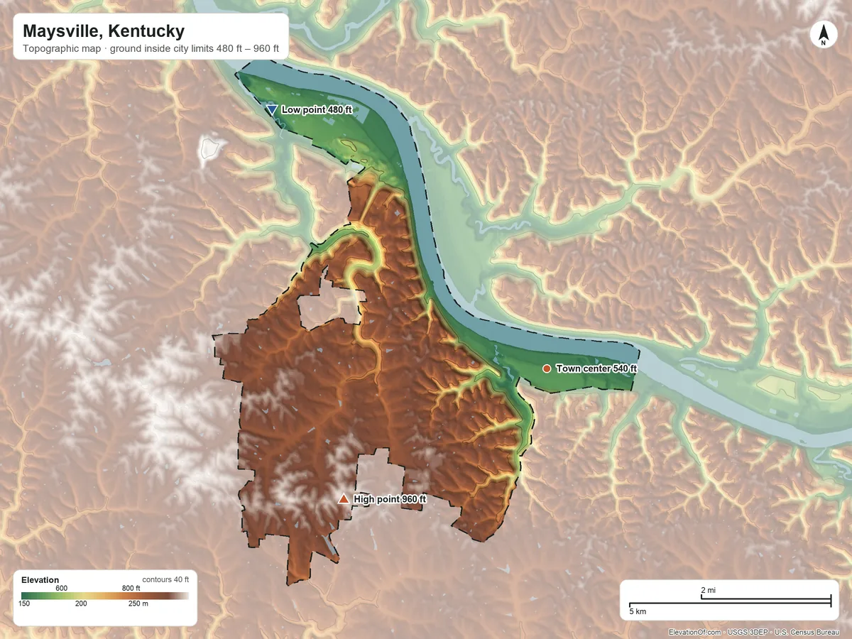 Topographic elevation map of Maysville, Kentucky, shaded from 480 ft on the northwest side to 960 ft on the southwest side