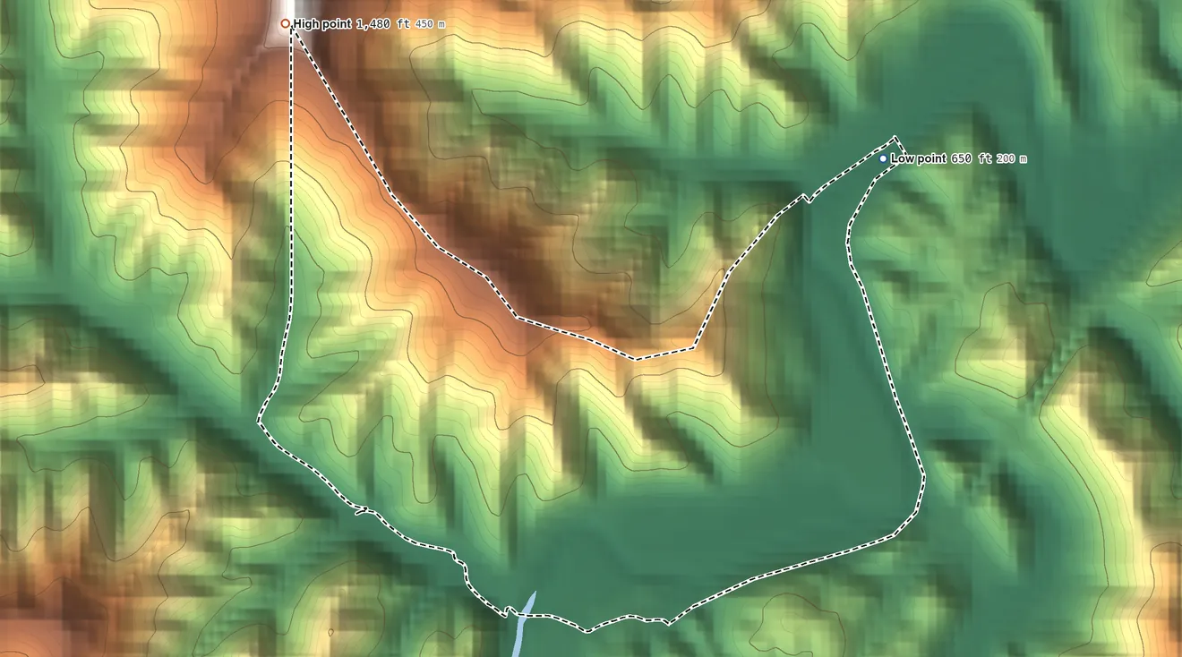 Topographic elevation map of Maytown, Kentucky, shaded from 650 ft on the north side to 1,480 ft on the northwest side