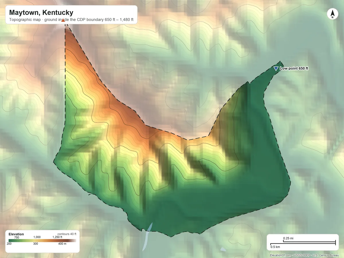 Topographic elevation map of Maytown, Kentucky, shaded from 650 ft on the north side to 1,480 ft on the northwest side