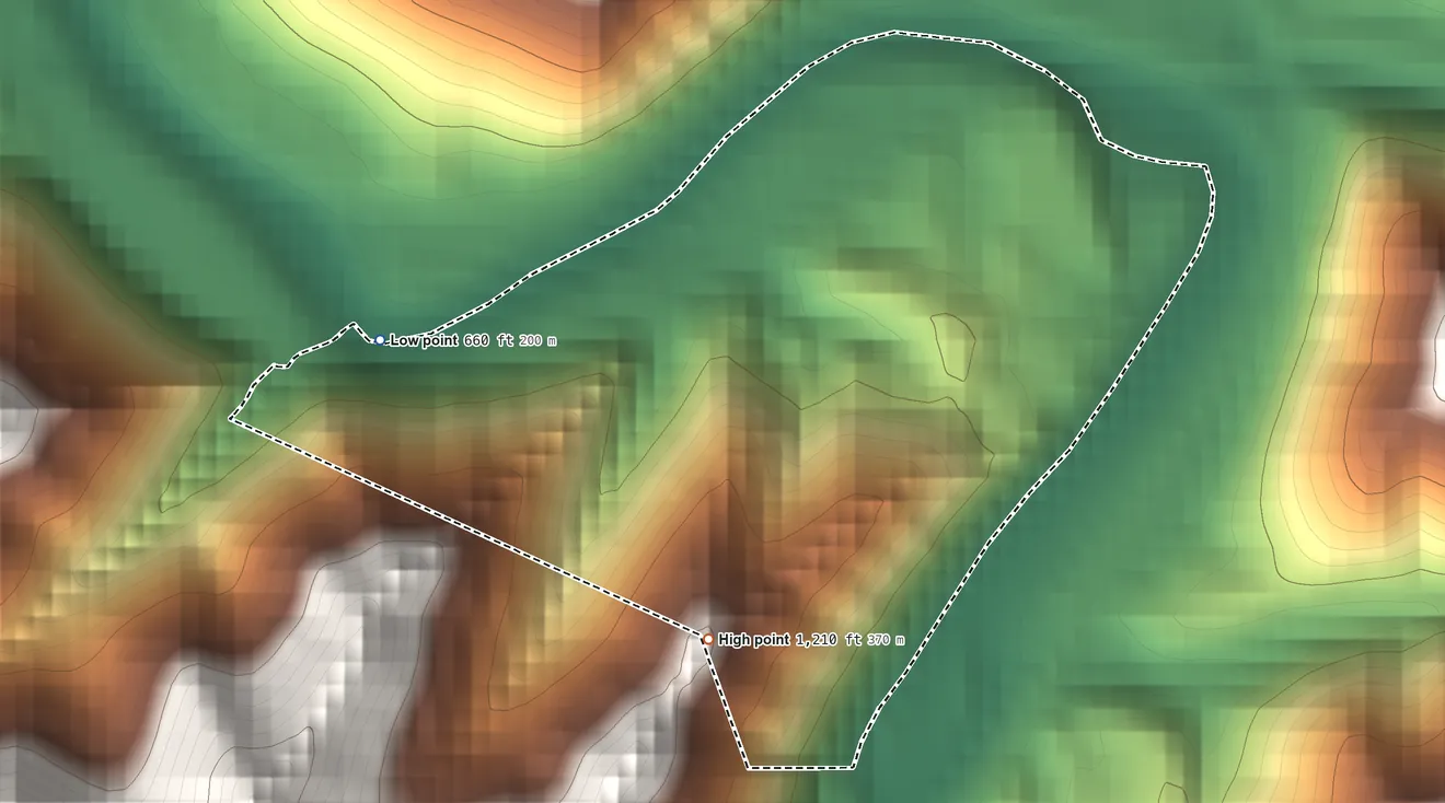 Topographic elevation map of McCarr, Kentucky, shaded from 660 ft on the west side to 1,210 ft on the southwest edge, below higher ground just outside