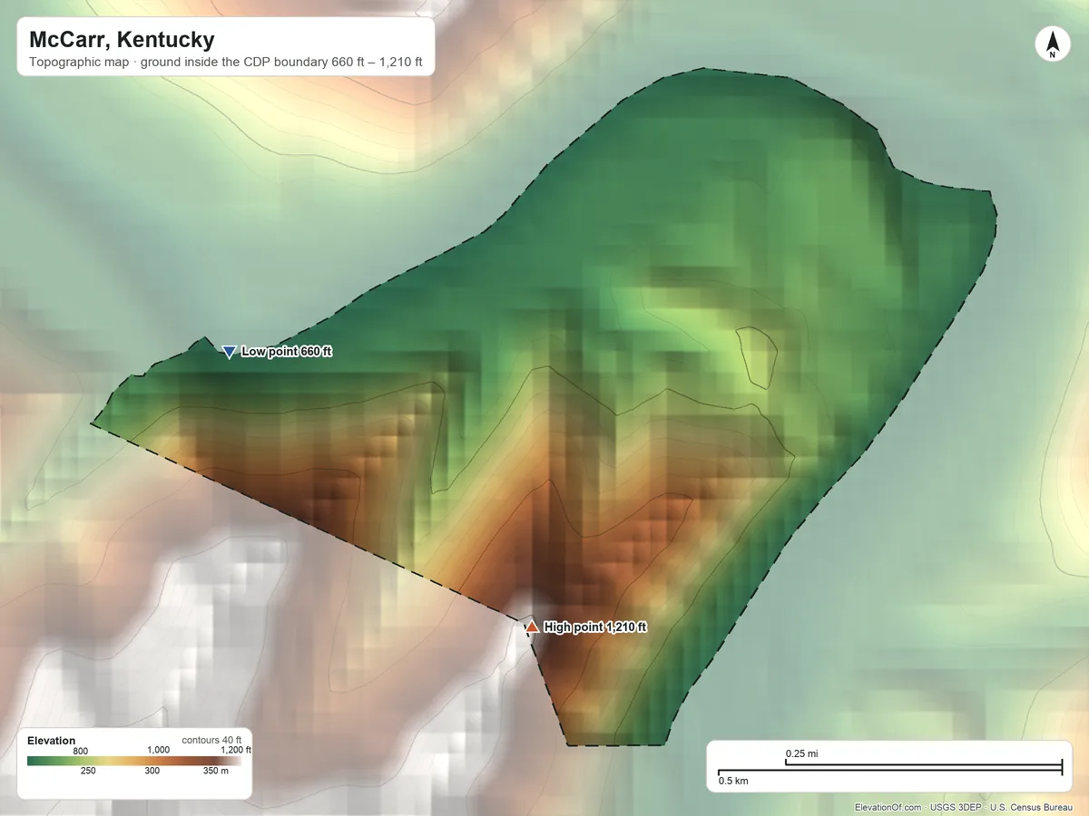 Topographic elevation map of McCarr, Kentucky, shaded from 660 ft on the west side to 1,210 ft on the southwest edge, below higher ground just outside
