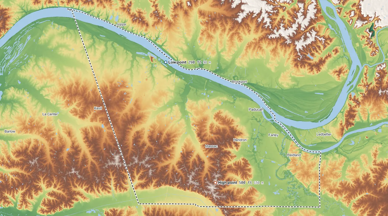 Topographic elevation map of McCracken County, Kentucky, shaded from 290 ft on the northwest side to 500 ft on the south side