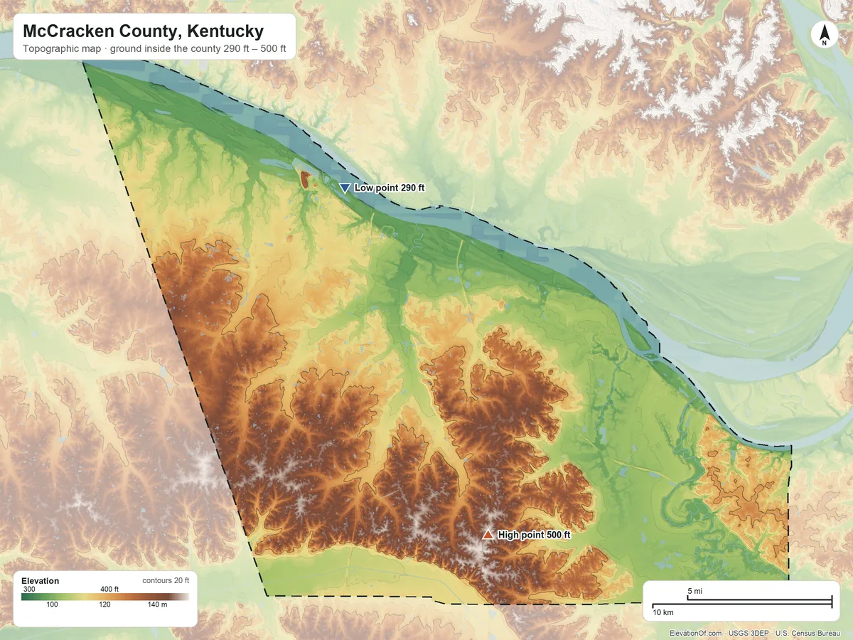 Topographic elevation map of McCracken County, Kentucky, shaded from 290 ft on the northwest side to 500 ft on the south side