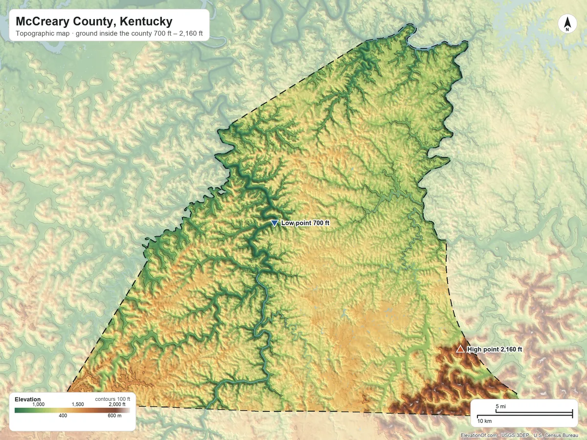 Topographic elevation map of McCreary County, Kentucky, shaded from 700 ft near the middle to 2,160 ft on Ryans Creek Mountain