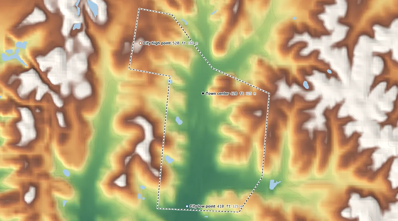 Topographic elevation map of McHenry, Kentucky, shaded from 410 ft on the south side to 520 ft on the northwest side