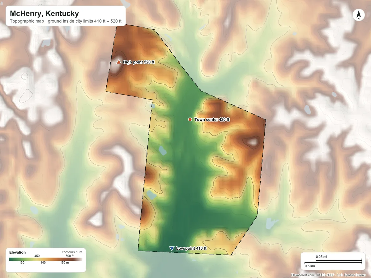 Topographic elevation map of McHenry, Kentucky, shaded from 410 ft on the south side to 520 ft on the northwest side