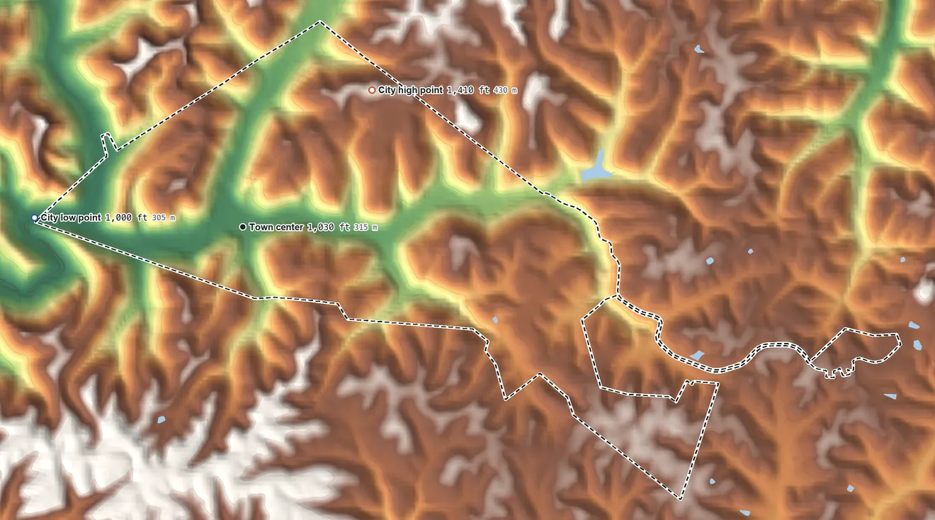 Topographic elevation map of McKee, Kentucky, shaded from 1,000 ft on the west side to 1,410 ft on the northeast side