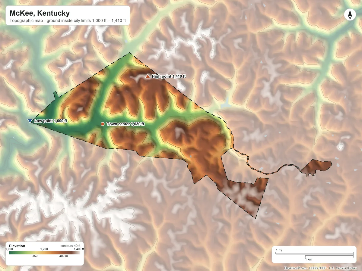 Topographic elevation map of McKee, Kentucky, shaded from 1,000 ft on the west side to 1,410 ft on the northeast side