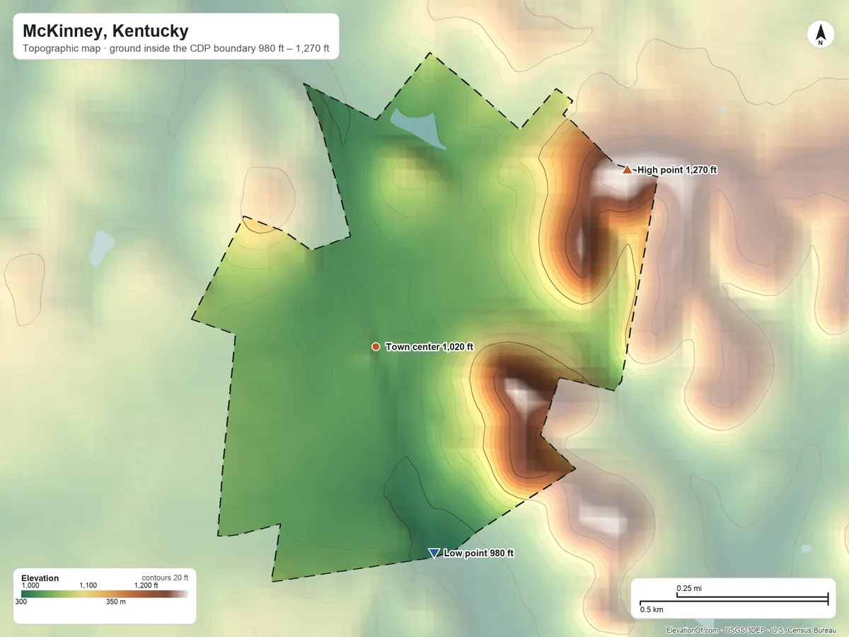 Topographic elevation map of McKinney, Kentucky, shaded from 980 ft on the south side to 1,270 ft on the northeast side