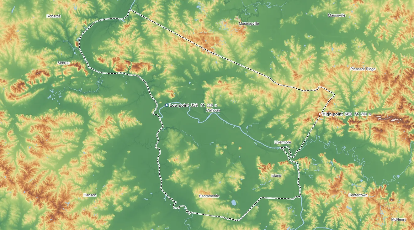 Topographic elevation map of McLean County, Kentucky, shaded from 350 ft on the west side to 660 ft on Barrett Hill