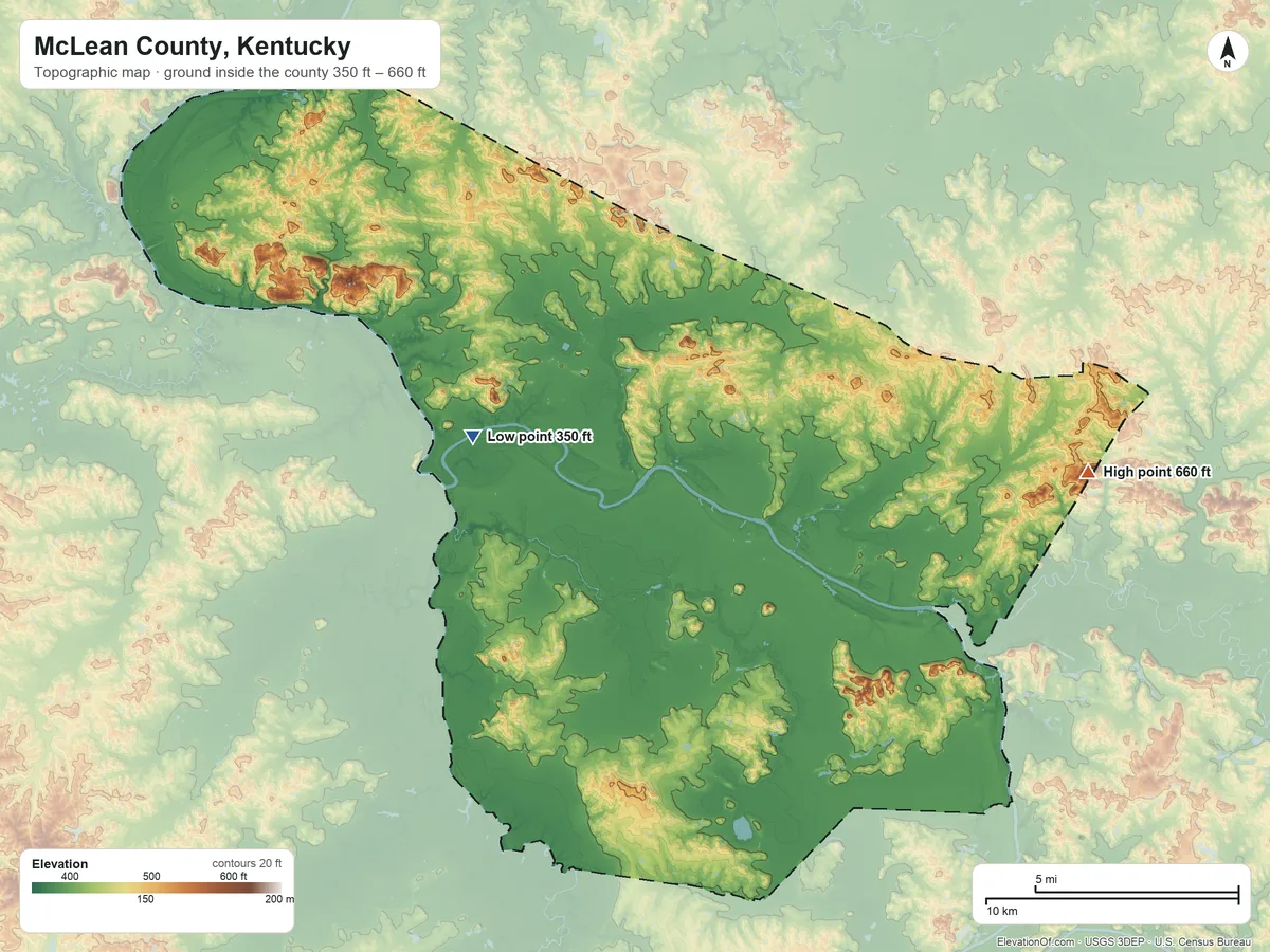Topographic elevation map of McLean County, Kentucky, shaded from 350 ft on the west side to 660 ft on Barrett Hill