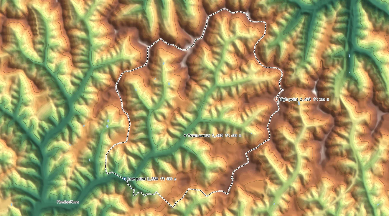 Topographic elevation map of McRoberts, Kentucky, shaded from 1,350 ft on the southwest side to 2,420 ft on the east side