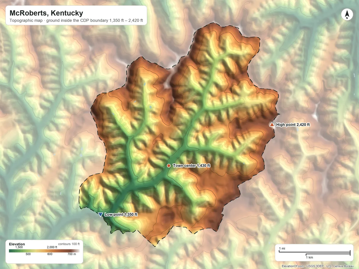 Topographic elevation map of McRoberts, Kentucky, shaded from 1,350 ft on the southwest side to 2,420 ft on the east side