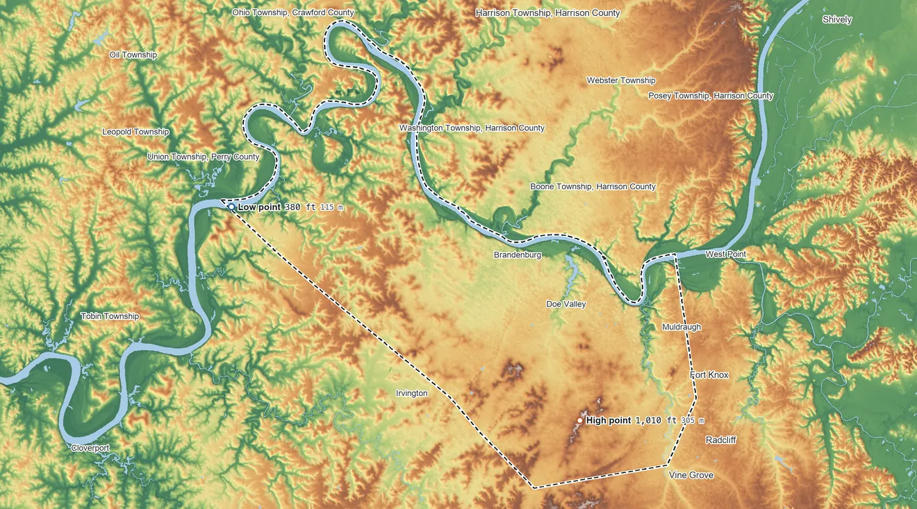Topographic elevation map of Meade County, Kentucky, shaded from 380 ft on the west side to 1,010 ft on Bee Knob Hill