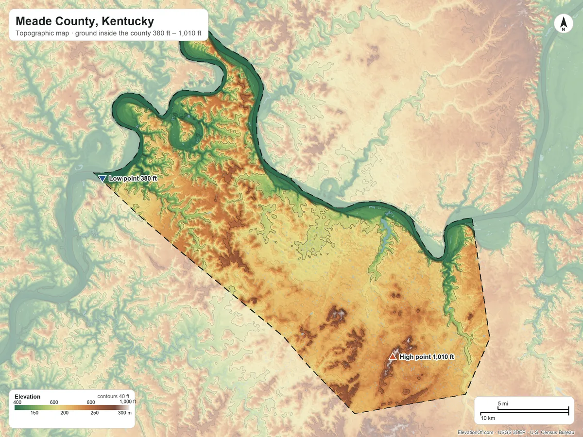 Topographic elevation map of Meade County, Kentucky, shaded from 380 ft on the west side to 1,010 ft on Bee Knob Hill