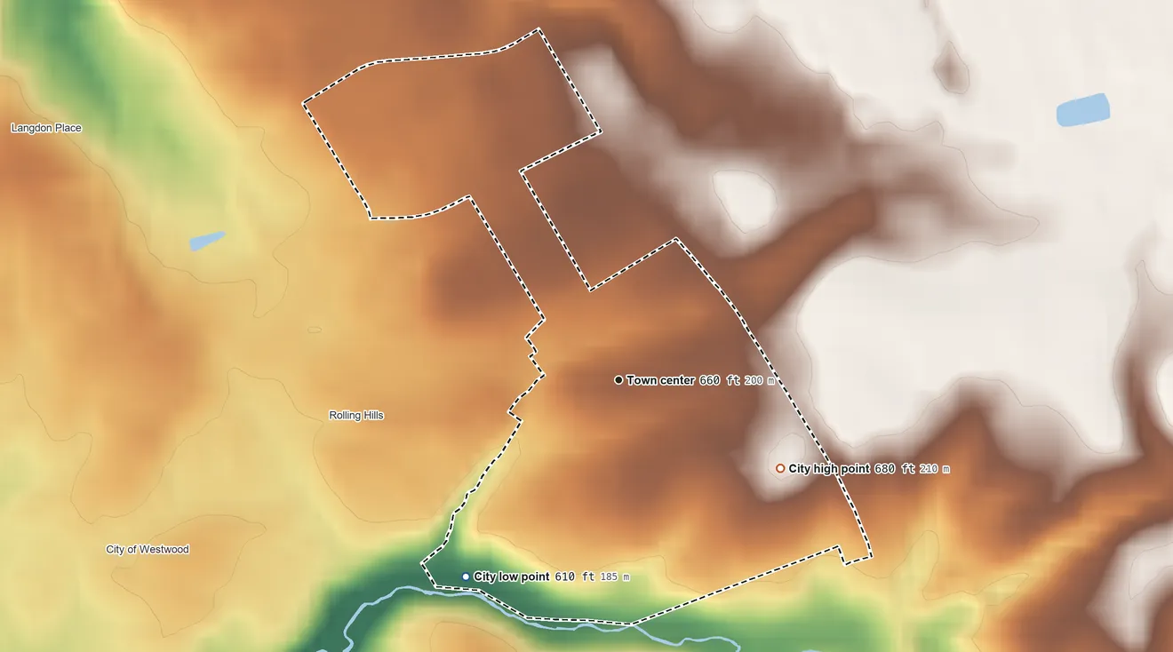 Topographic elevation map of Meadow Vale, Kentucky, shaded from 610 ft on the southwest side to 680 ft on the southeast side