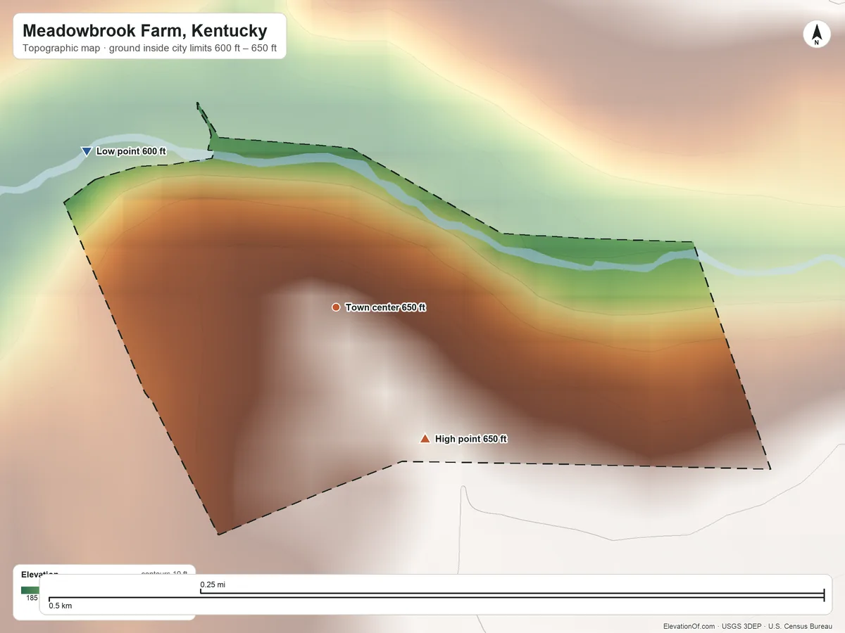 Topographic elevation map of Meadowbrook Farm, Kentucky, shaded from 600 ft on the northwest side to 650 ft on the southeast side