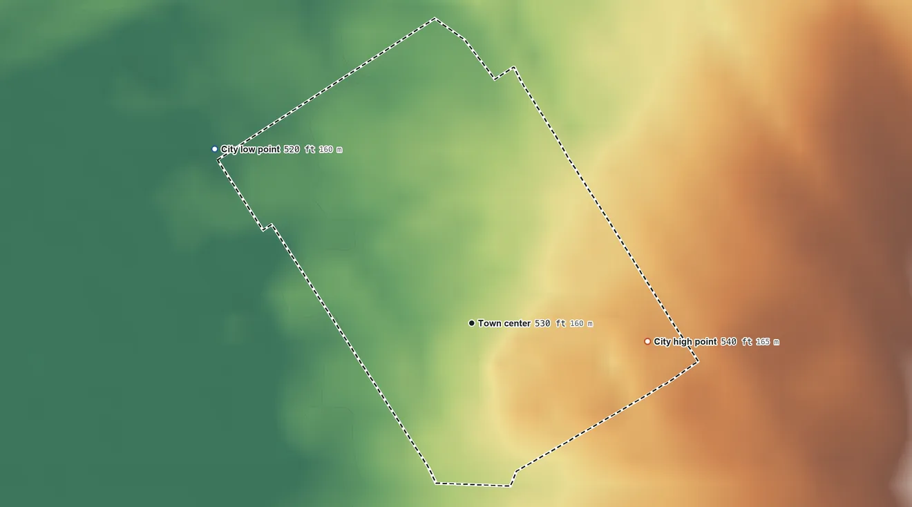 Topographic elevation map of Meadowview Estates, Kentucky, shaded from 520 ft on the northwest side to 540 ft on the east side