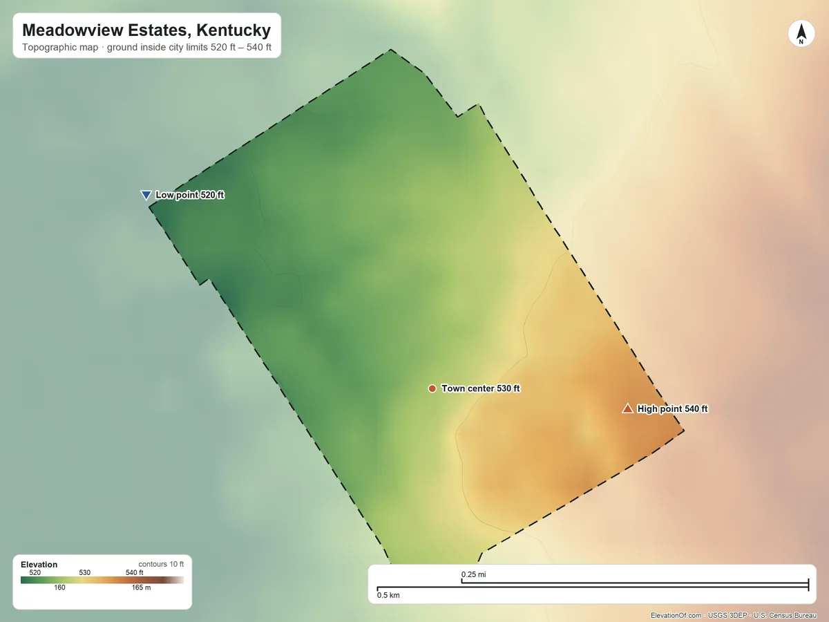 Topographic elevation map of Meadowview Estates, Kentucky, shaded from 520 ft on the northwest side to 540 ft on the east side