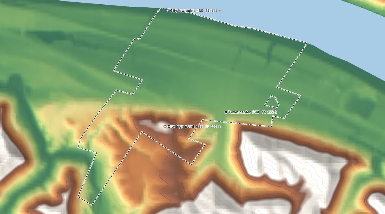 Topographic elevation map of Melbourne, Kentucky, shaded from 480 ft on the northwest side to 650 ft on the west side