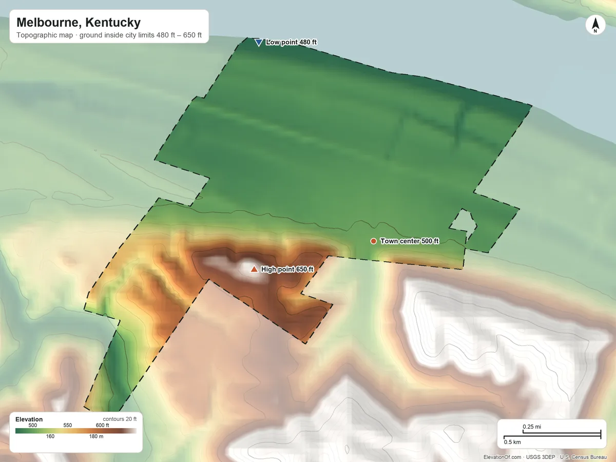 Topographic elevation map of Melbourne, Kentucky, shaded from 480 ft on the northwest side to 650 ft on the west side