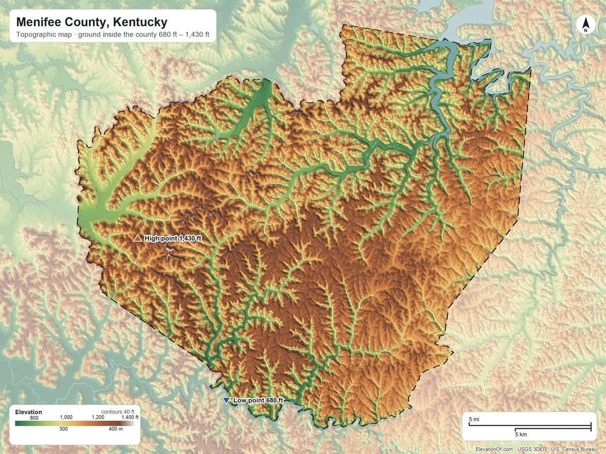 Topographic elevation map of Menifee County, Kentucky, shaded from 680 ft on the southwest side to 1,430 ft on the west side
