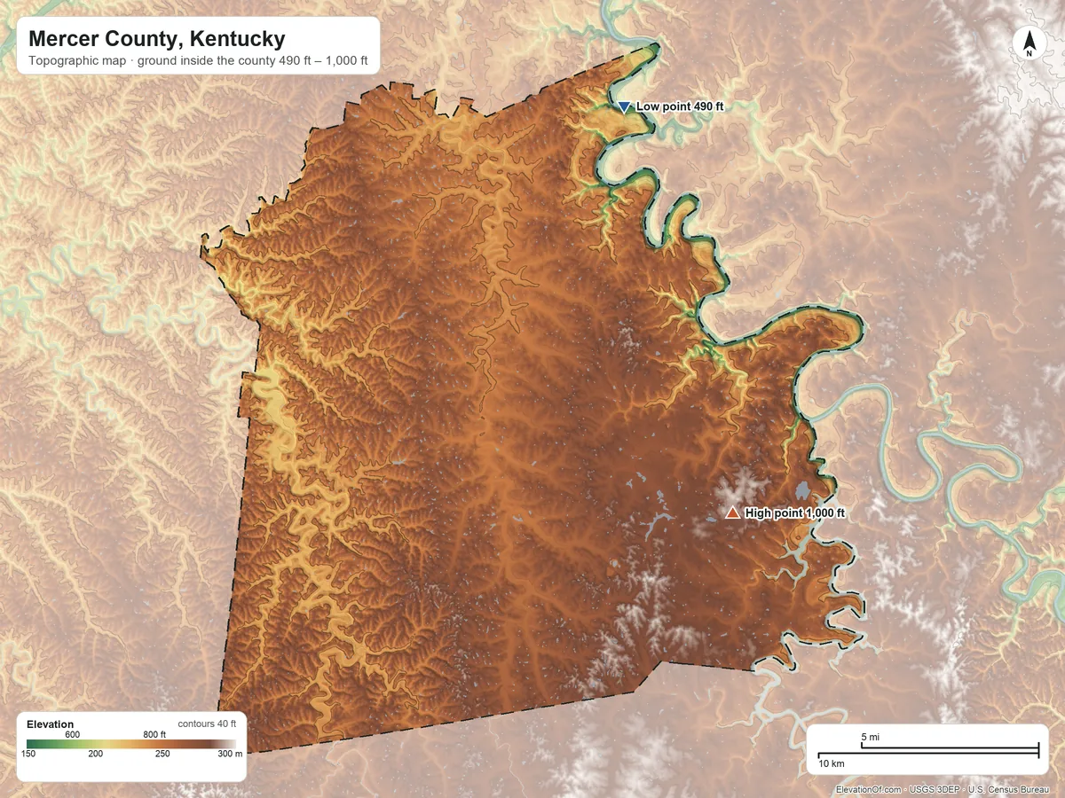 Topographic elevation map of Mercer County, Kentucky, shaded from 490 ft on the north side to 1,000 ft on the southeast side