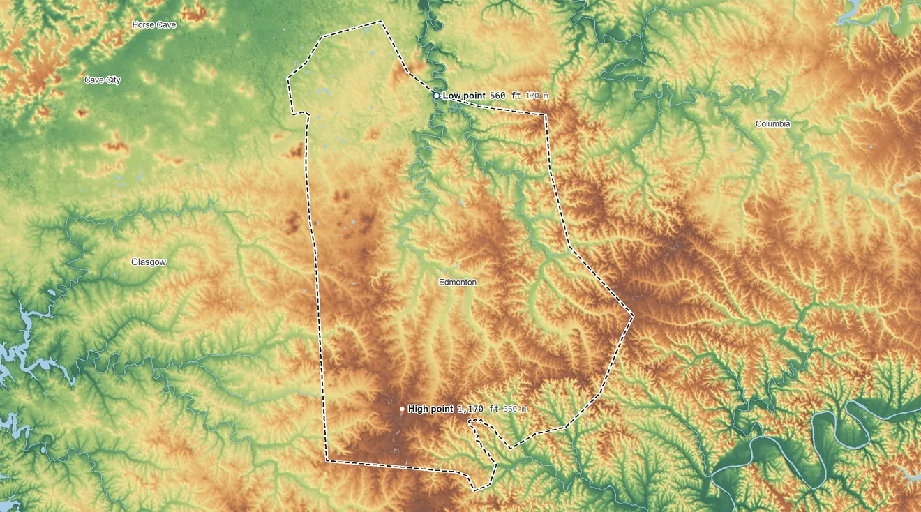 Topographic elevation map of Metcalfe County, Kentucky, shaded from 560 ft on the north side to 1,170 ft on Graven Hill