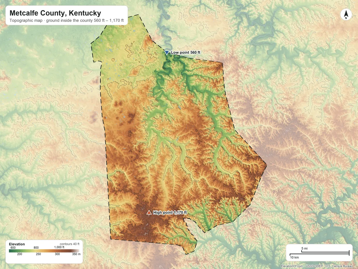 Topographic elevation map of Metcalfe County, Kentucky, shaded from 560 ft on the north side to 1,170 ft on Graven Hill