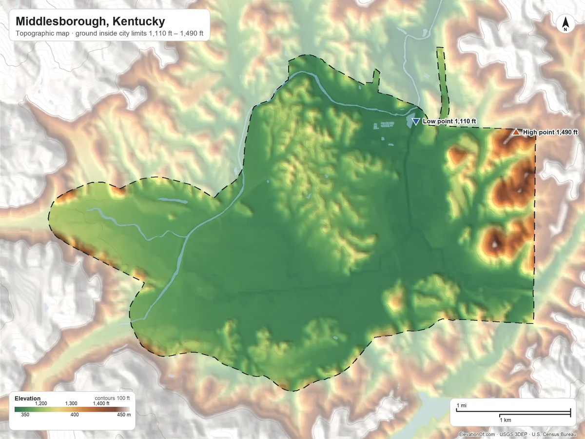 Topographic elevation map of Middlesborough, Kentucky, shaded from 1,110 ft on the northeast side to 1,490 ft at the foot of the Cumberland Mountain