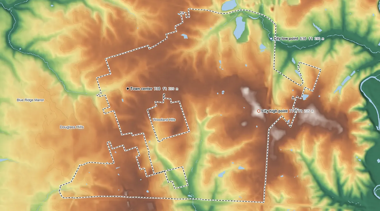 Topographic elevation map of Middletown, Kentucky, shaded from 630 ft on the east side to 770 ft on Pleasant Hill