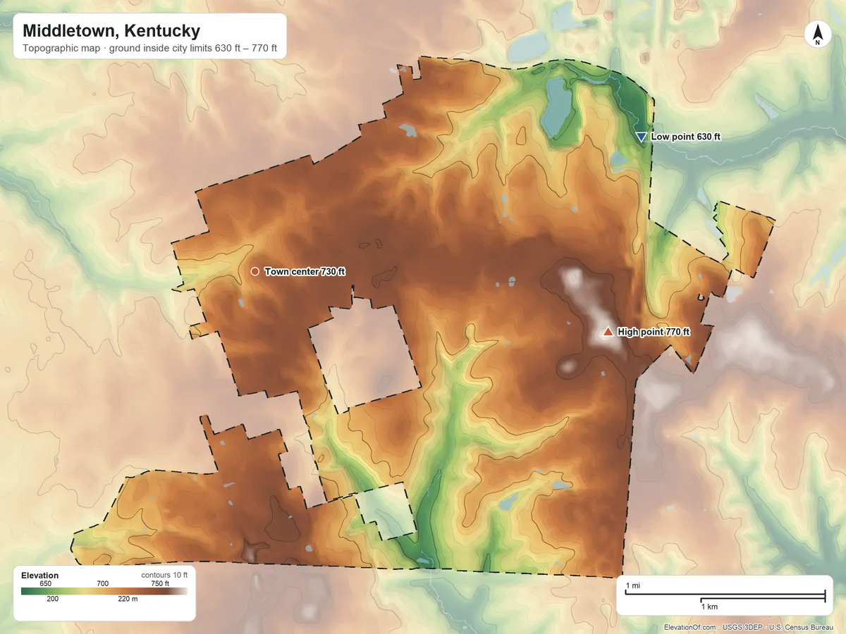 Topographic elevation map of Middletown, Kentucky, shaded from 630 ft on the east side to 770 ft on Pleasant Hill