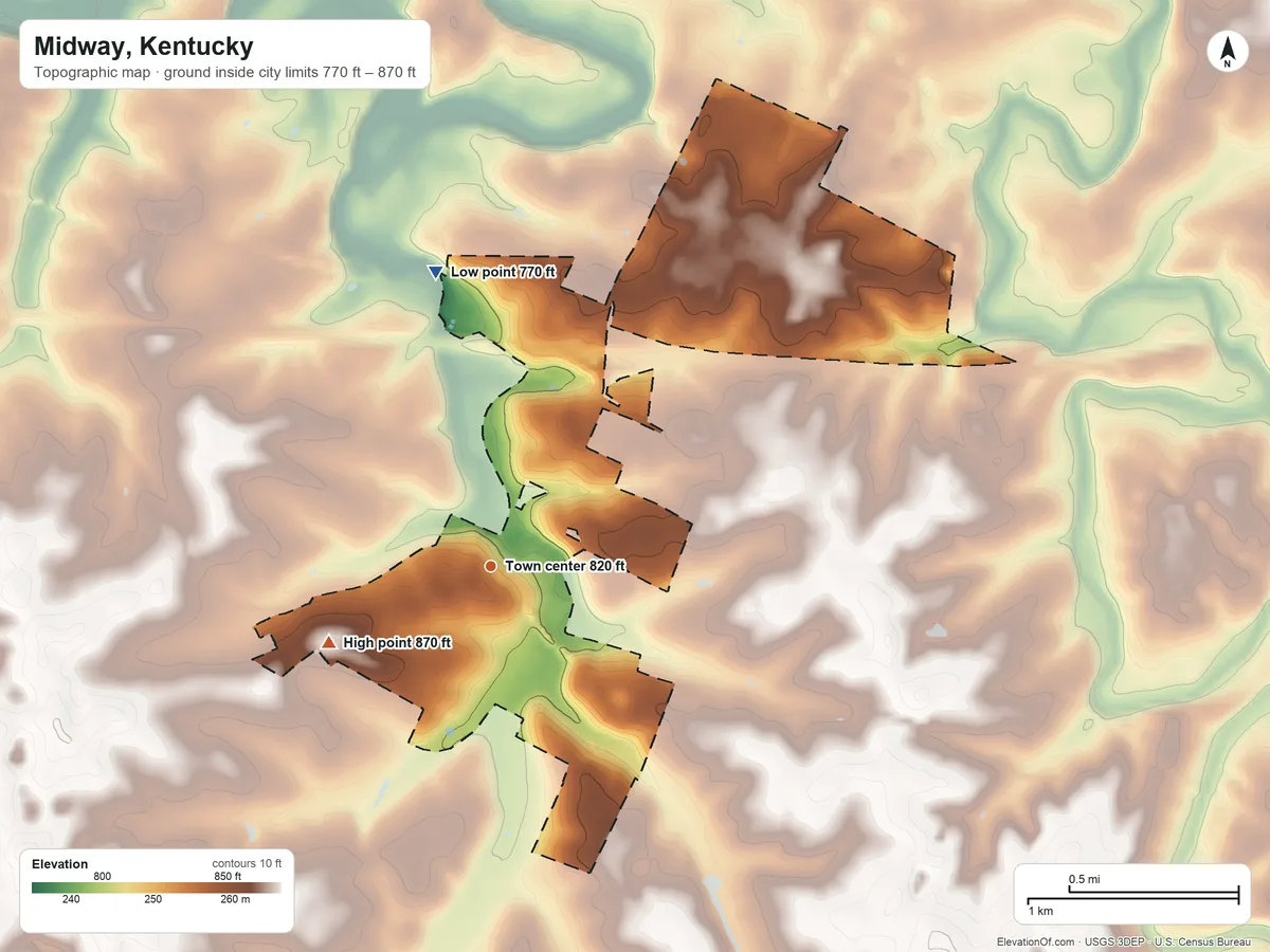 Topographic elevation map of Midway, Kentucky, shaded from 770 ft on the north side to 870 ft on the southwest side