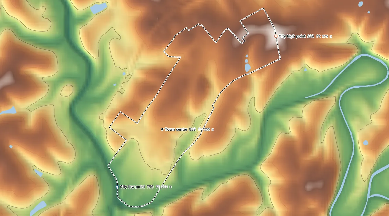 Topographic elevation map of Millersburg, Kentucky, shaded from 750 ft on the southwest side to 900 ft on the northeast side