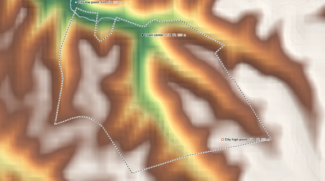 Topographic elevation map of Mockingbird Valley, Kentucky, shaded from 440 ft on the northwest side to 550 ft on the southeast side