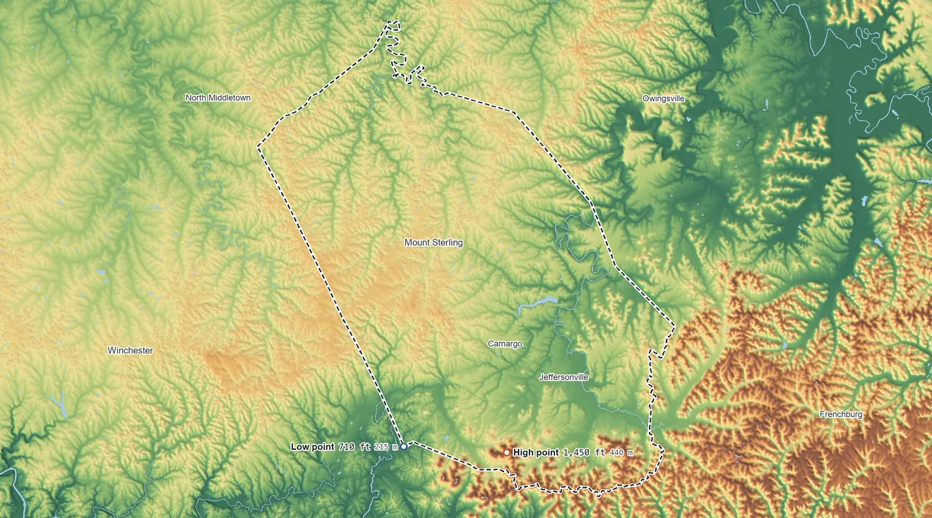 Topographic elevation map of Montgomery County, Kentucky, shaded from 710 ft on the south side to 1,450 ft on Westbrook Mountain