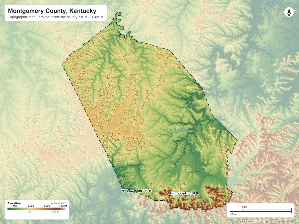 Topographic elevation map of Montgomery County, Kentucky, shaded from 710 ft on the south side to 1,450 ft on Westbrook Mountain