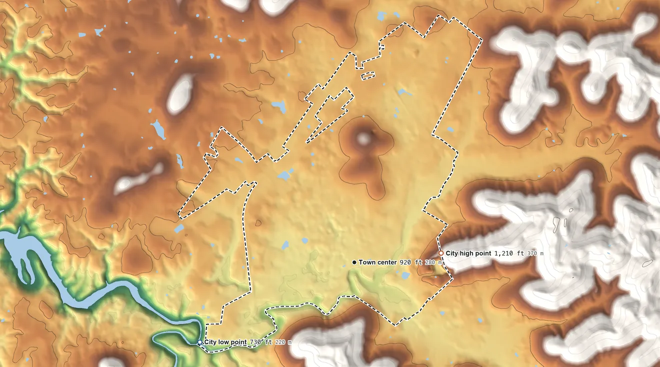 Topographic elevation map of Monticello, Kentucky, shaded from 730 ft on the southwest side to 1,210 ft on the east edge, below higher ground just outside