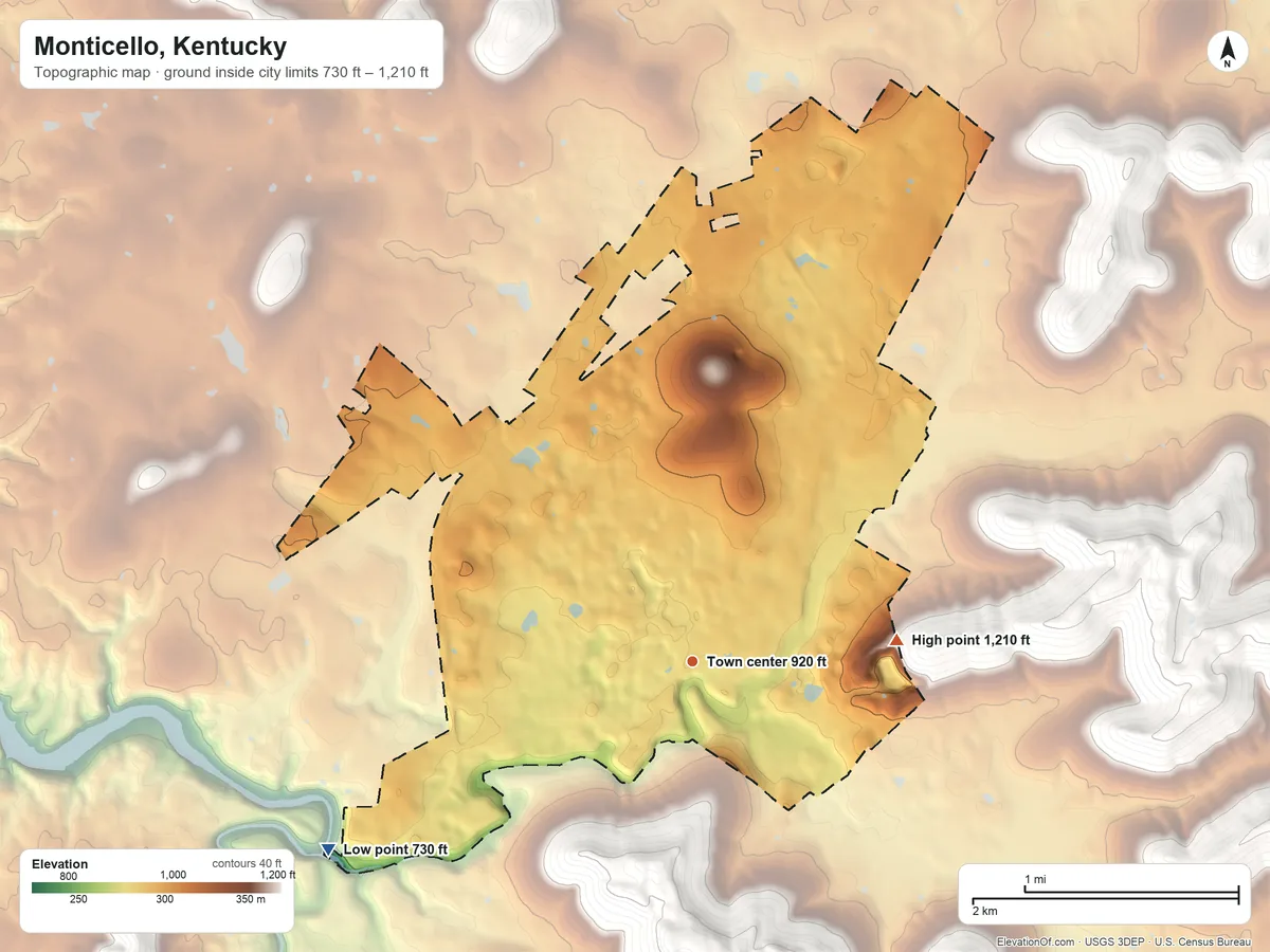 Topographic elevation map of Monticello, Kentucky, shaded from 730 ft on the southwest side to 1,210 ft on the east edge, below higher ground just outside
