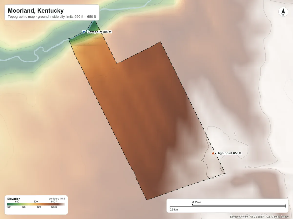 Topographic elevation map of Moorland, Kentucky, shaded from 590 ft on the northwest side to 650 ft on the southeast side
