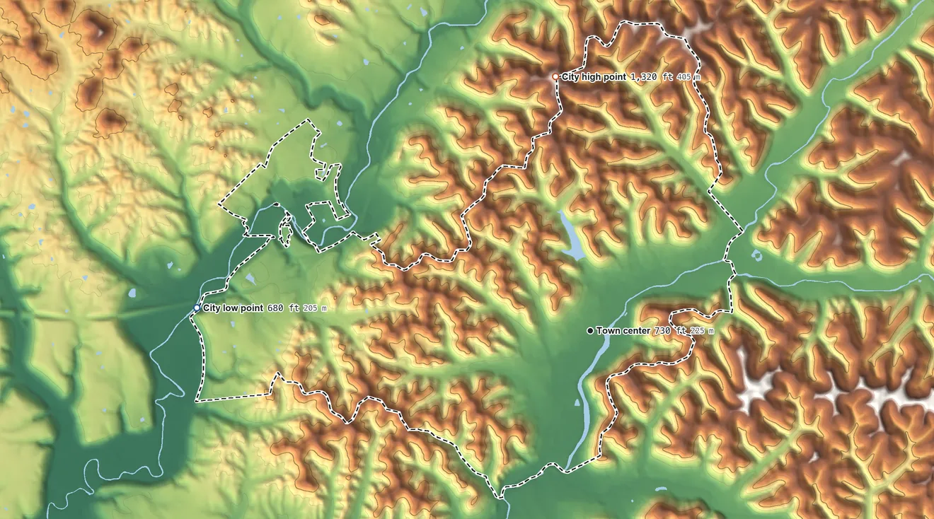 Topographic elevation map of Morehead, Kentucky, shaded from 680 ft on the west side to 1,320 ft on the north side