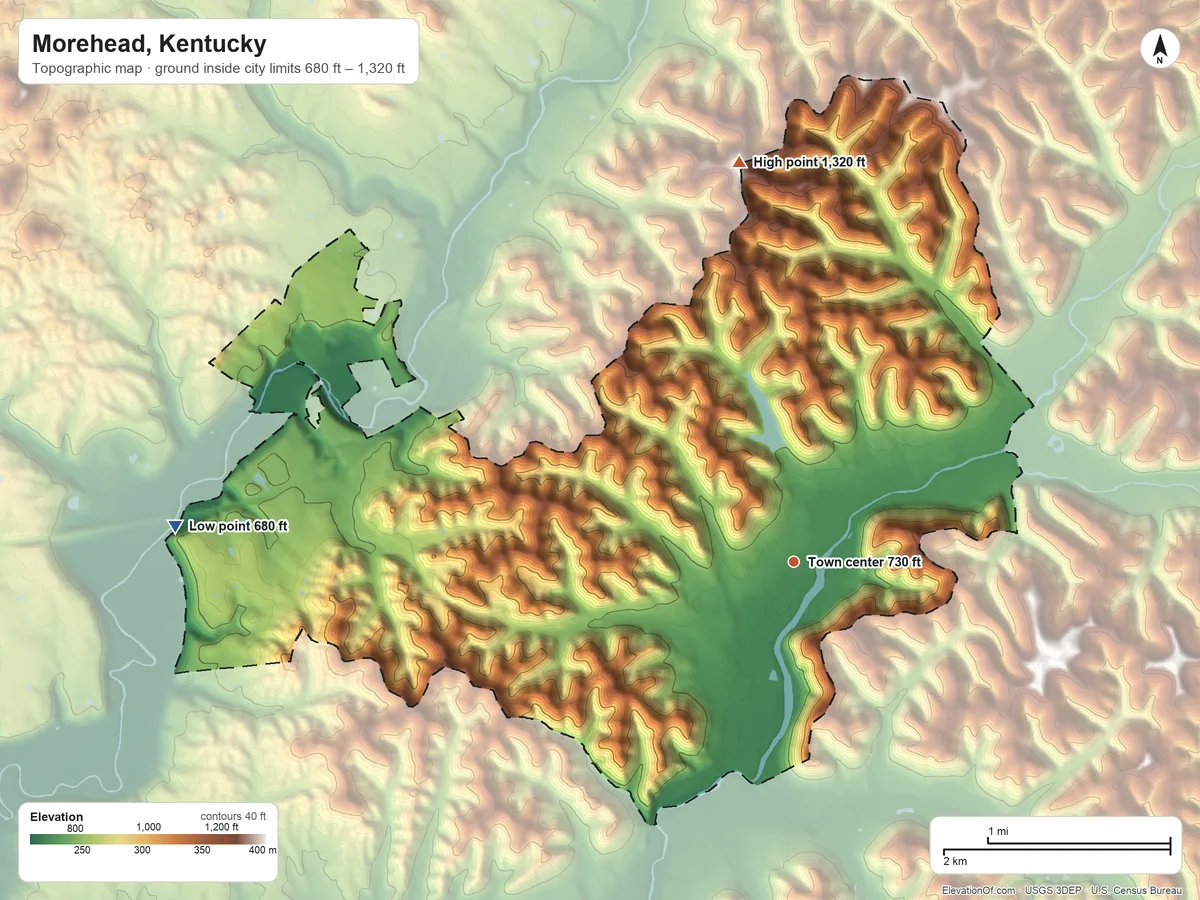 Topographic elevation map of Morehead, Kentucky, shaded from 680 ft on the west side to 1,320 ft on the north side
