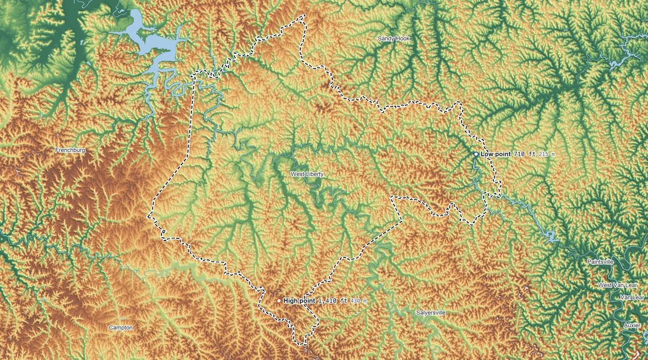 Topographic elevation map of Morgan County, Kentucky, shaded from 710 ft on the east side to 1,410 ft on the south side