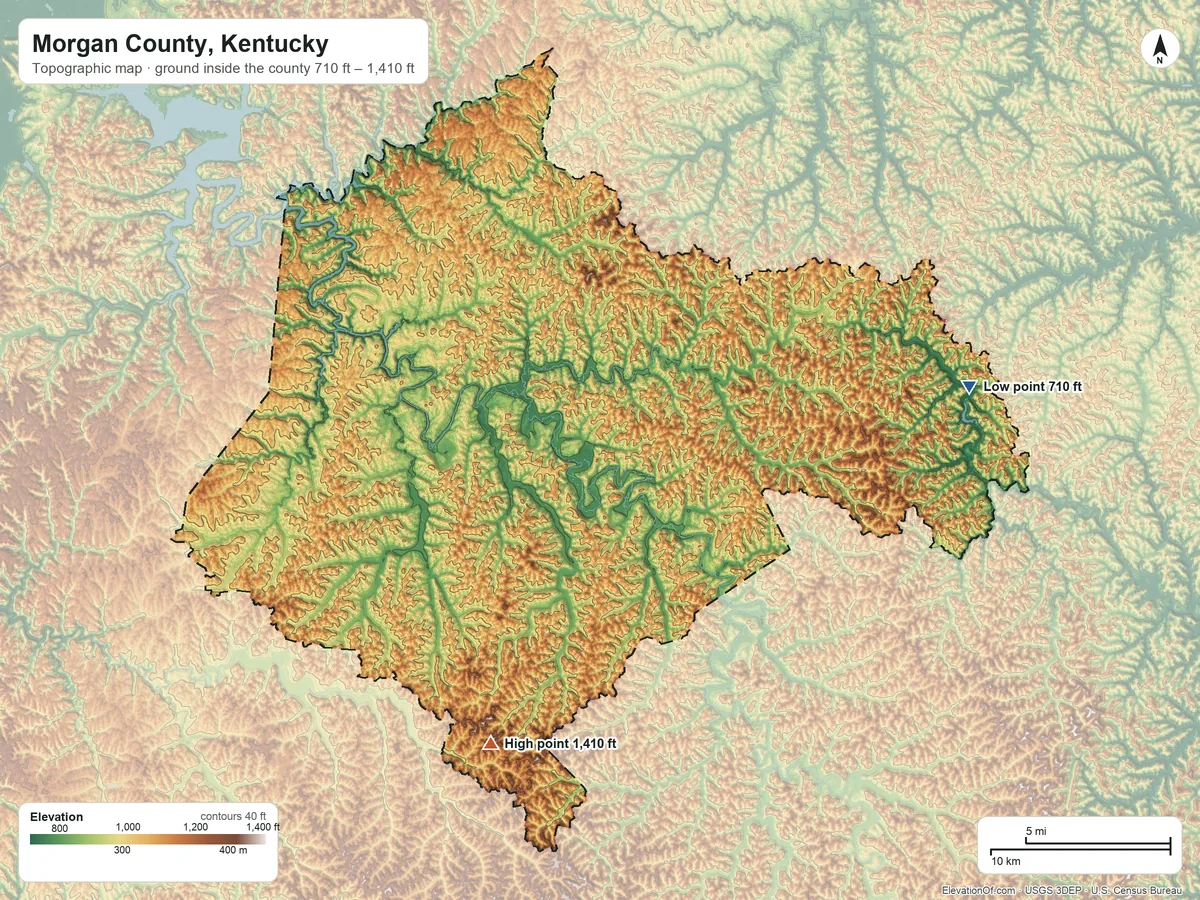 Topographic elevation map of Morgan County, Kentucky, shaded from 710 ft on the east side to 1,410 ft on the south side