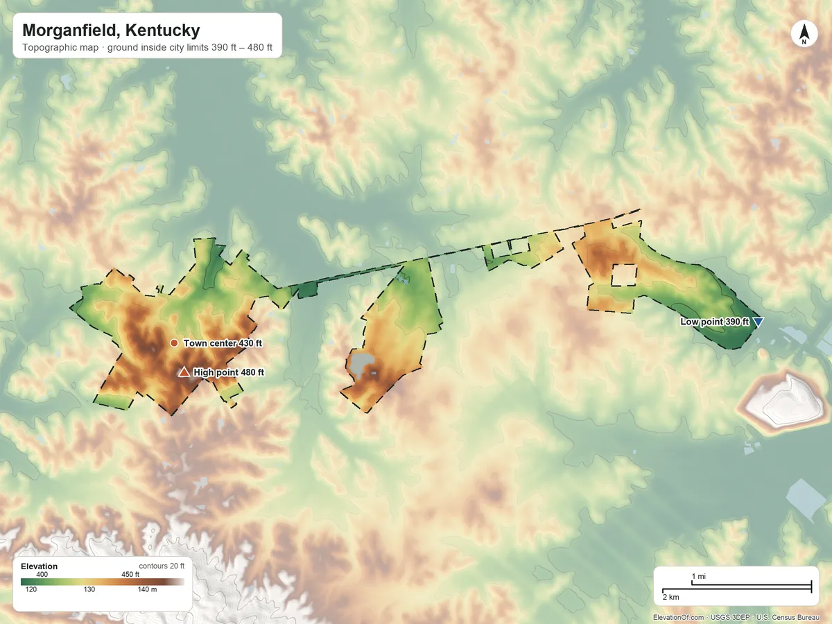 Topographic elevation map of Morganfield, Kentucky, shaded from 390 ft on the east side to 480 ft near the middle