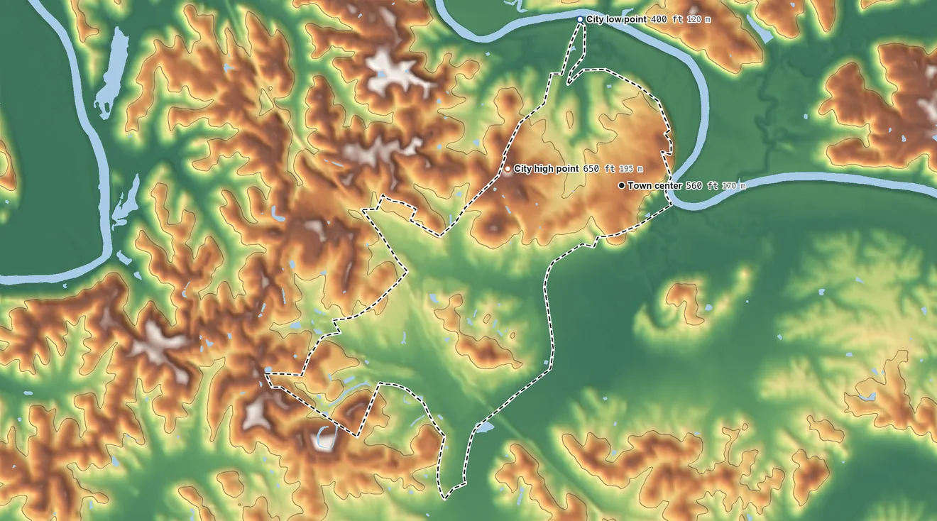 Topographic elevation map of Morgantown, Kentucky, shaded from 400 ft on the north side to 650 ft on the west side