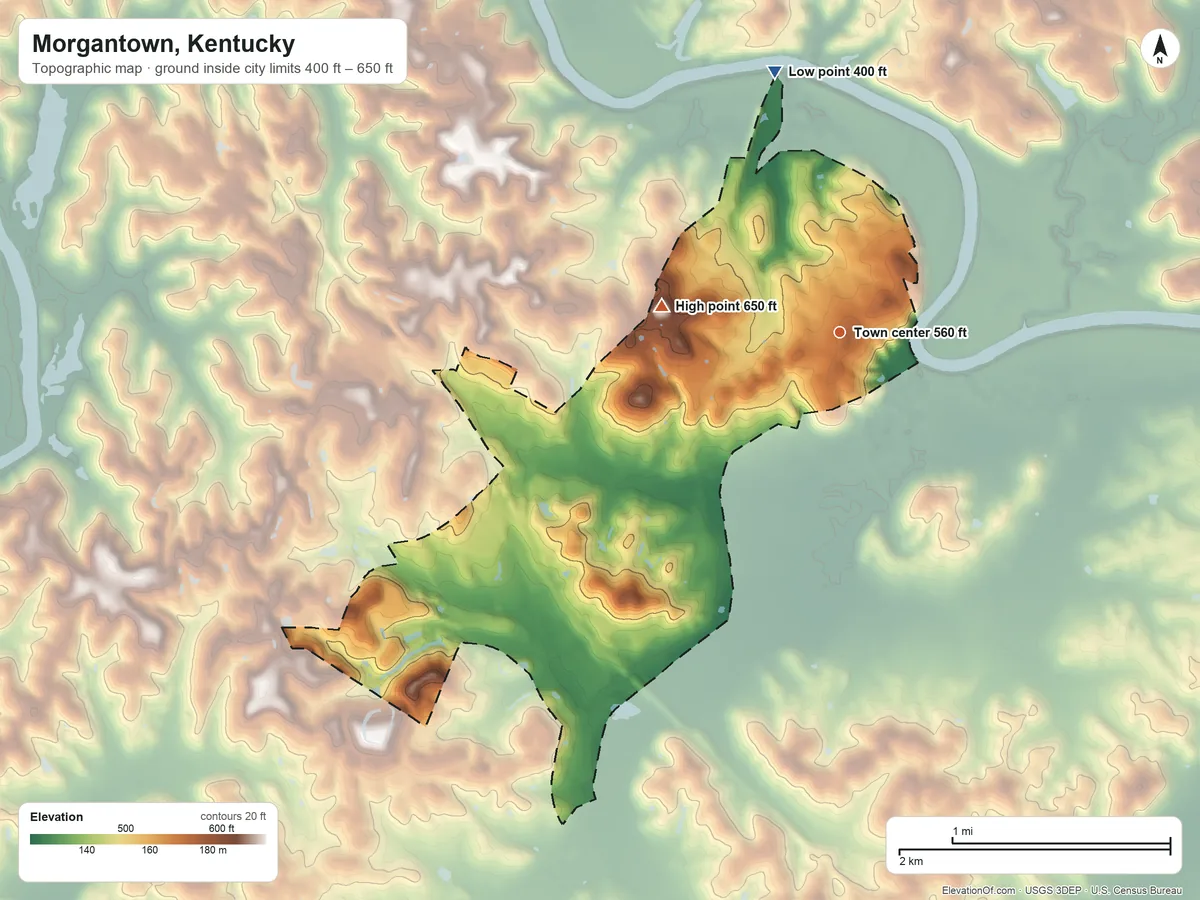 Topographic elevation map of Morgantown, Kentucky, shaded from 400 ft on the north side to 650 ft on the west side